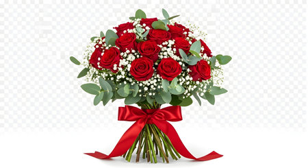 A lush bouquet of vibrant red roses, accented with delicate white filler flowers and green leaves, tied with a luxurious red satin ribbon.の素材