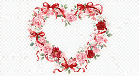 A beautiful heart-shaped wreath adorned with delicate pink and red roses, green leaves, and charming red ribbon bows.の素材