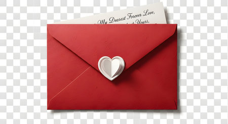 A vibrant red envelope is sealed with a heart-shaped embellishment, revealing a handwritten message peeking from within.の素材