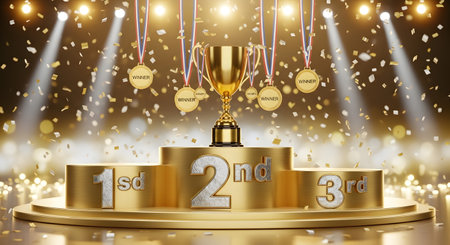 A golden trophy and medals are displayed on a tiered podium, illuminated by spotlights and falling confetti.の素材