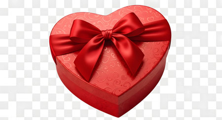 A vibrant red heart-shaped gift box is adorned with a luxurious satin bow, perfect for expressing love and affection.の素材