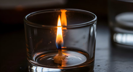 A single candle burns brightly within a transparent glass container, casting a warm, flickering light.の素材