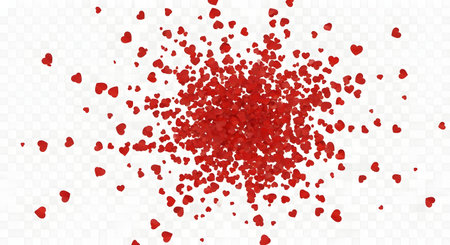 A vibrant, abstract explosion of numerous small red dots scattered outwards from a central cluster against a clean white backdrop.の素材