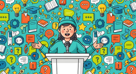 A woman in a green jacket and hat speaks animatedly at a white podium. The background is a vibrant collage of educational symbols.の素材