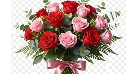 A vibrant bouquet of red and pink roses, accented with greenery and tied with a delicate pink ribbon.の素材