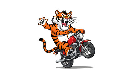 A cartoon tiger with an excited expression performs a wheelie on a red motorcycle against a white background.の素材