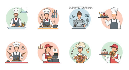 A collection of eight charming illustrations depicts various chefs and bakers, each with unique attire and culinary tools, highlighting different food preparation roles.の素材