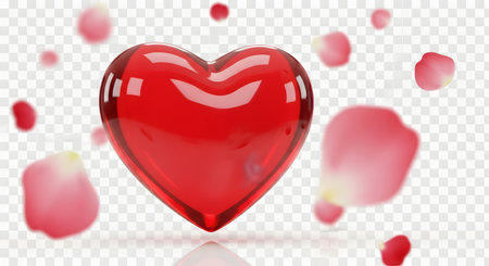 A vibrant, transparent red heart floats centrally, surrounded by delicate, falling pink rose petals against a clean white background.の素材