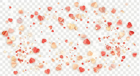 A festive scattering of delicate red and yellow flower petals drifts across a transparent background, suggesting celebration or romance.の素材