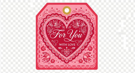 A pink gift tag featuring a large heart with intricate floral designs and the words For You written inside.の素材