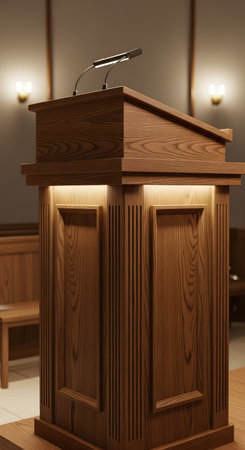 A beautifully crafted wooden pulpit with fluted columns and subtle interior lighting, set against a backdrop of a church interior.の素材