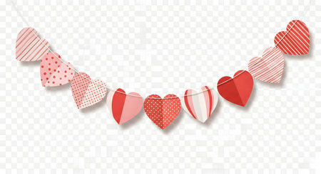 A festive garland of heart-shaped decorations in various shades of pink and red, perfect for Valentine's Day celebrations.の素材