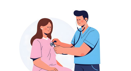 A male doctor in blue scrubs uses a stethoscope to examine a female patient sitting in a pink gown.の素材