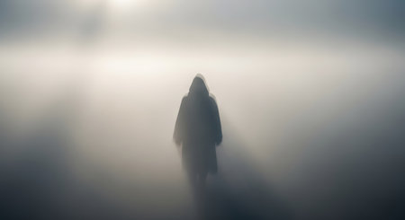A solitary figure walks away from the viewer into a bright, hazy, and atmospheric expanse of light and fog.の素材