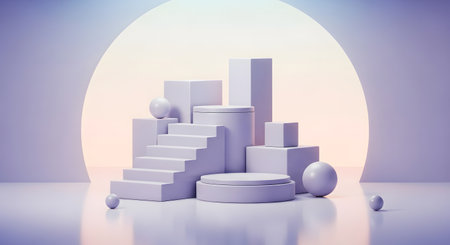 A collection of minimalist geometric shapes and tiered pedestals arranged in a surreal, abstract composition with soft, ethereal lighting.の素材