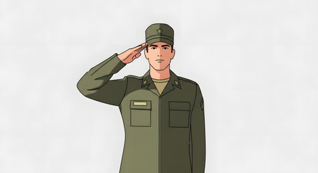 A man in a green military uniform and cap salutes with his right hand against a plain white background.の素材