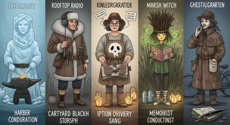 Five distinct fantasy characters are depicted, each with unique attire and thematic elements suggesting different roles and elemental associations.の素材