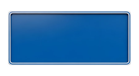 A simple, empty blue rectangular sign with a subtle silver metallic border and rounded corners on a white background.の素材