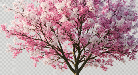 A lush cherry blossom tree with delicate pink and white flowers, showcasing its full spring bloom against a transparent background.の素材