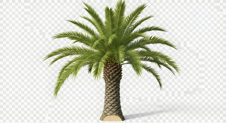 A full-body, realistic digital illustration of a mature palm tree with a textured trunk and lush green fronds against a transparent background.の素材