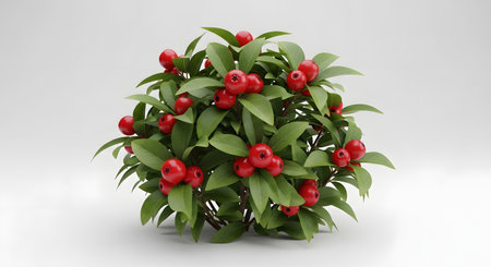 A small, artificial holly bush with vibrant red berries and lush green leaves, presented against a clean white background.の素材