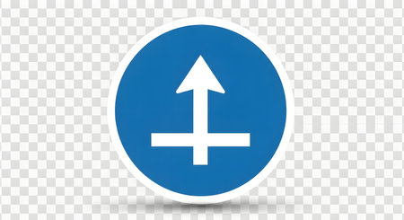 A blue oval traffic sign featuring a white upward arrow with a horizontal line crossing its base, indicating a specific traffic direction or instruction.の素材