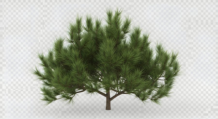 A detailed 3D render of a full, bushy coniferous tree with a transparent background, ready for digital use.の素材