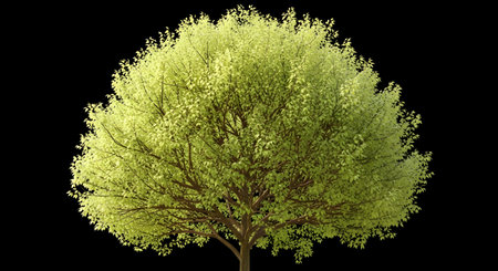 A full, rounded tree with vibrant green leaves and a dark trunk stands out against a solid black backdrop.の素材