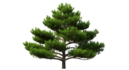 A solitary pine tree stands tall with dense, vibrant green foliage against a clean white background.の素材