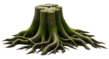 A detailed image of an old tree stump covered in vibrant green moss, with its extensive root system spread out.の素材