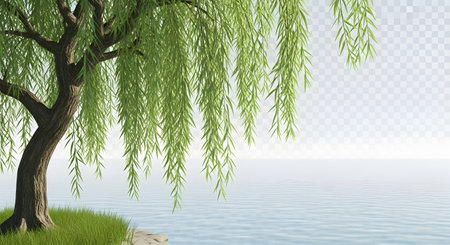 A majestic weeping willow tree with lush green foliage drapes over a tranquil body of water under a bright sky.の素材