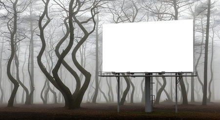 A blank white billboard stands in a dense, misty forest with bare, gnarled trees.の素材