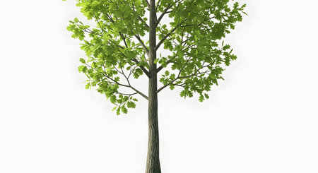 A slender birch tree stands tall with vibrant green foliage against a stark white backdrop, showcasing its delicate branches and textured bark.の素材