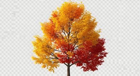 A full tree in autumn colors, with leaves transitioning from yellow and orange to deep red, set against a transparent background.の素材