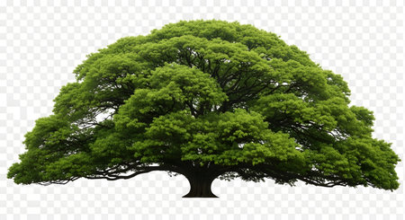 A vibrant, mature tree with a dense, rounded green canopy and thick, outward-reaching branches, isolated on a transparent background.の素材