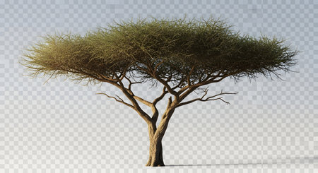 A detailed illustration of a solitary acacia tree featuring a dense green canopy and a textured trunk, set against a transparent backdrop.の素材
