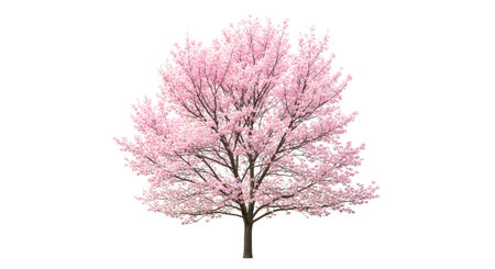 A solitary, full-sized cherry blossom tree stands tall, its branches laden with delicate pink flowers against a white background.の素材