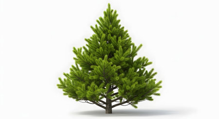 A full, vibrant green pine tree stands tall with its branches reaching outwards, set against a clean white backdrop.の素材