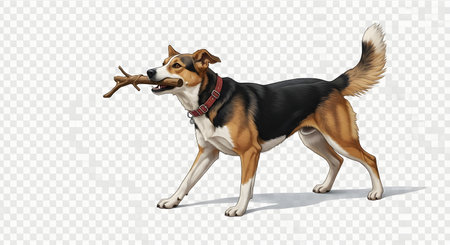A medium-sized dog with brown, black, and white fur walks with a stick in its mouth, looking happy.の素材