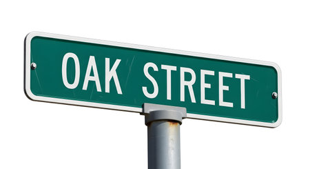 A classic green street sign displaying 'OAK STREET' in white lettering, mounted on a silver metal pole against a white background.の素材