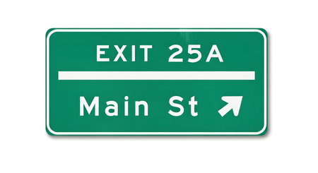 A green highway exit sign indicating Exit 25A for Main Street with an arrow pointing right.の素材
