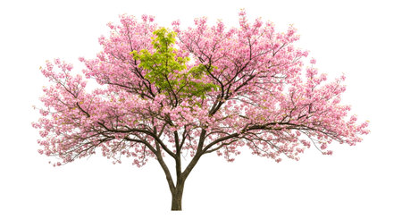 A vibrant cherry blossom tree with delicate pink flowers and green leaves stands against a pure white background.の素材