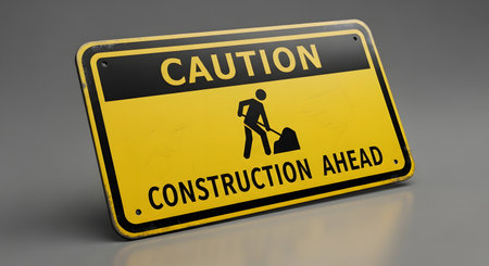 A bright yellow caution sign with black lettering reads 'CAUTION CONSTRUCTION AHEAD' and features a silhouette of a worker digging.の素材