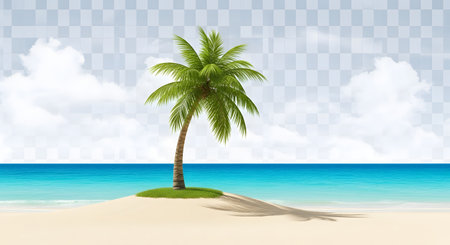A solitary palm tree stands on a small, green island in the turquoise ocean, casting a long shadow on the sandy beach.の素材