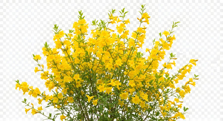 A close-up shot of a vibrant bush covered in numerous small, bright yellow flowers and green stems. The background is transparent.の素材