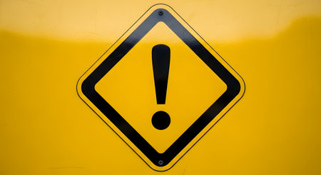 A close-up of a bright yellow diamond-shaped warning sign featuring a bold black exclamation mark, indicating caution or danger.の素材