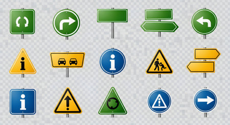 A diverse array of traffic and road signs including directional, warning, and informational signs on a transparent background.の素材