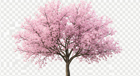 A full, lush cherry blossom tree with delicate pink flowers and a brown trunk against a transparent background.の素材