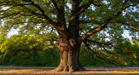 A grand, ancient oak tree stands tall in a sun-dappled clearing, its thick trunk and sprawling branches reaching towards the sky.の素材