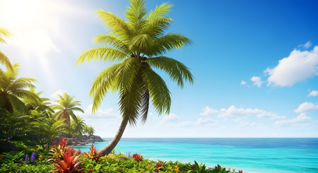 A lush tropical landscape features tall palm trees, vibrant foliage, and a clear turquoise ocean under a bright blue sky.の素材